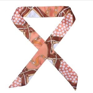 Silk-Feel Coral & Brown Print Twilly Scarf